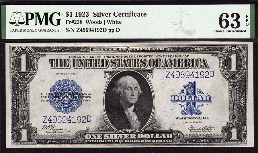 Fr.238, 1923 $1 Silver Certificate, Choice CU, PMG63-EPQ, Z49694192D